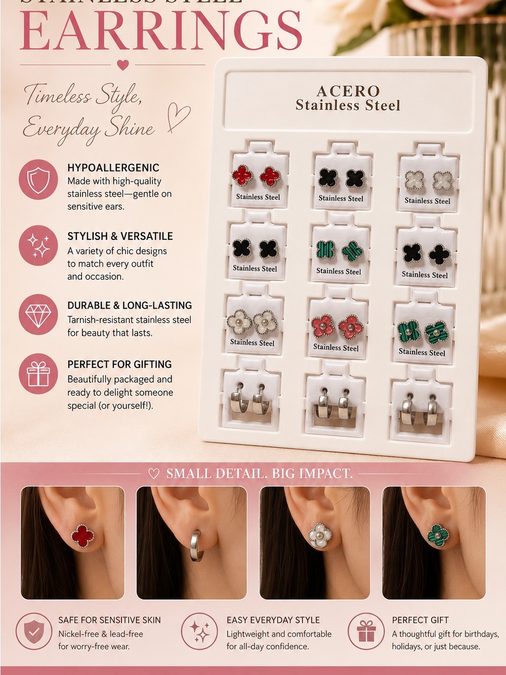 Acer Multi-Design Stainless Steel Women’s Earrings — Red, Black, Green, White